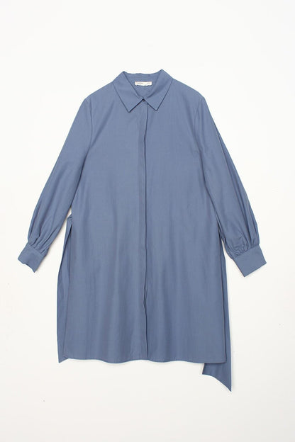 Blue Balloon Sleeve Belt Detailed Shirt Tunic