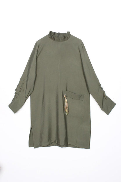 Khaki Sleeve Detailed Tunic with Pocket Tassels