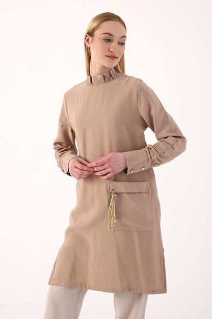 Camel Sleeve Detailed Pocket Tassel Tunic