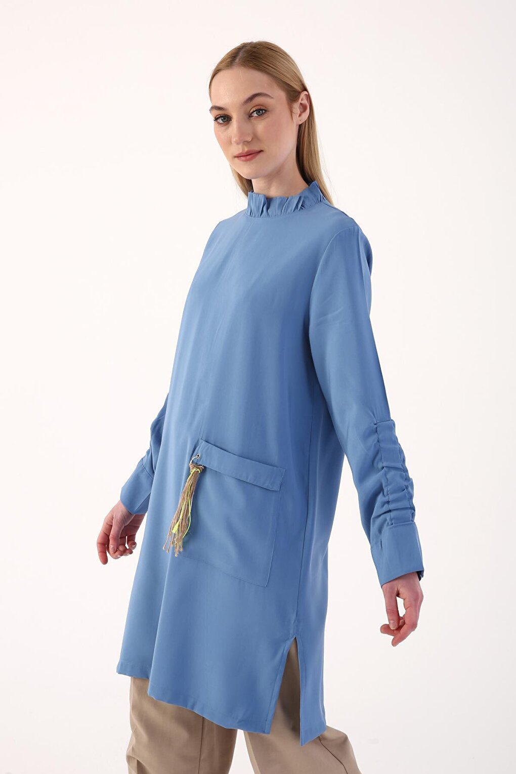 Blue Sleeve Detailed Tunic with Pockets and Tassels