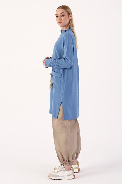 Blue Sleeve Detailed Tunic with Pockets and Tassels