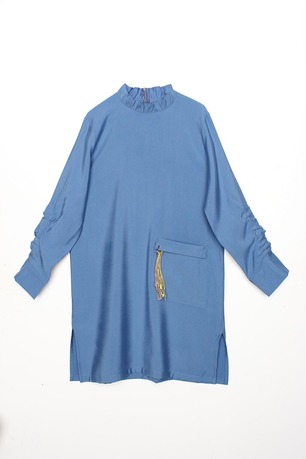 Blue Sleeve Detailed Tunic with Pockets and Tassels