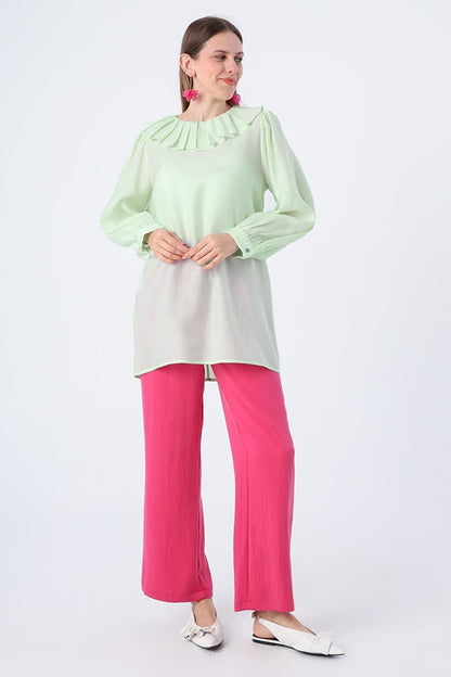 Mint Pleated Collar Balloon Sleeve Tunic