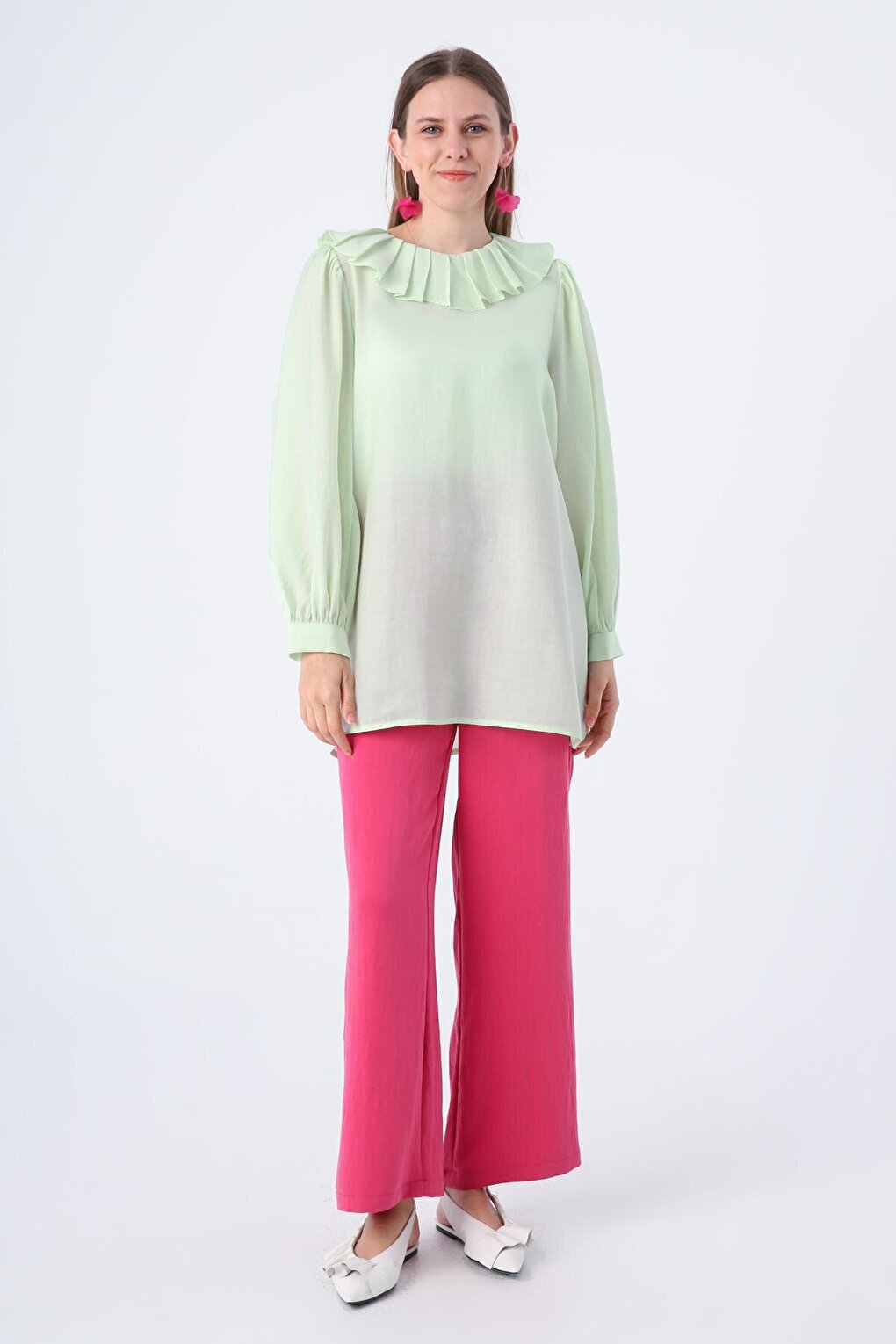 Mint Pleated Collar Balloon Sleeve Tunic