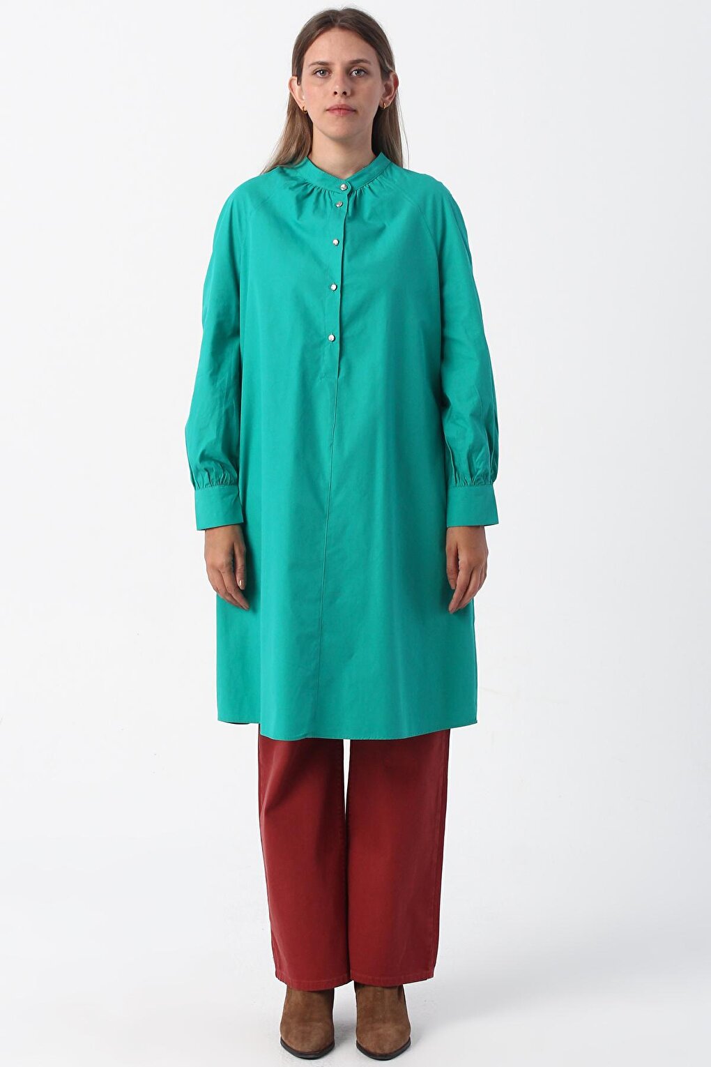 Yeşil01 Formal Collar Half Layer 100% Cotton Tunic