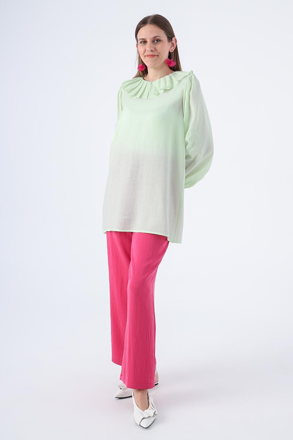 Mint Pleated Collar Balloon Sleeve Tunic