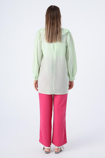 Mint Pleated Collar Balloon Sleeve Tunic