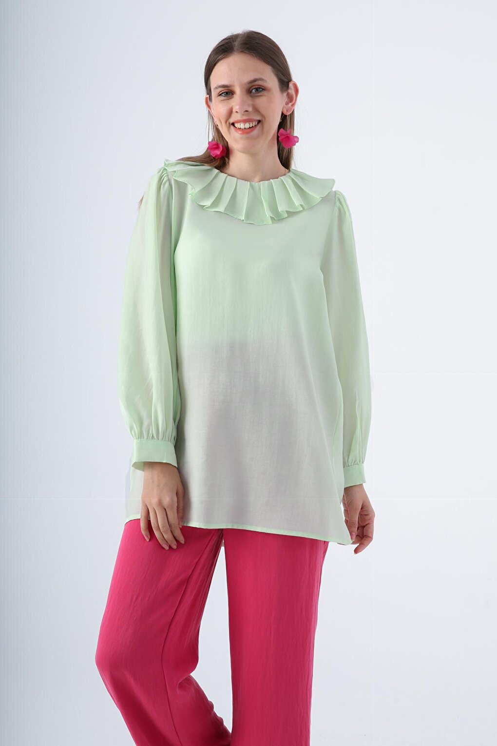 Mint Pleated Collar Balloon Sleeve Tunic