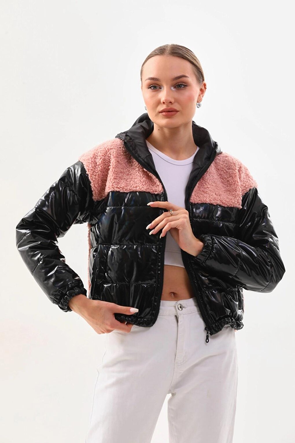 Women's Pink Black Patent Leather Zippered Inside Lined Crop Plush Jacket with Elastic Waist HZL24W-BRC129361