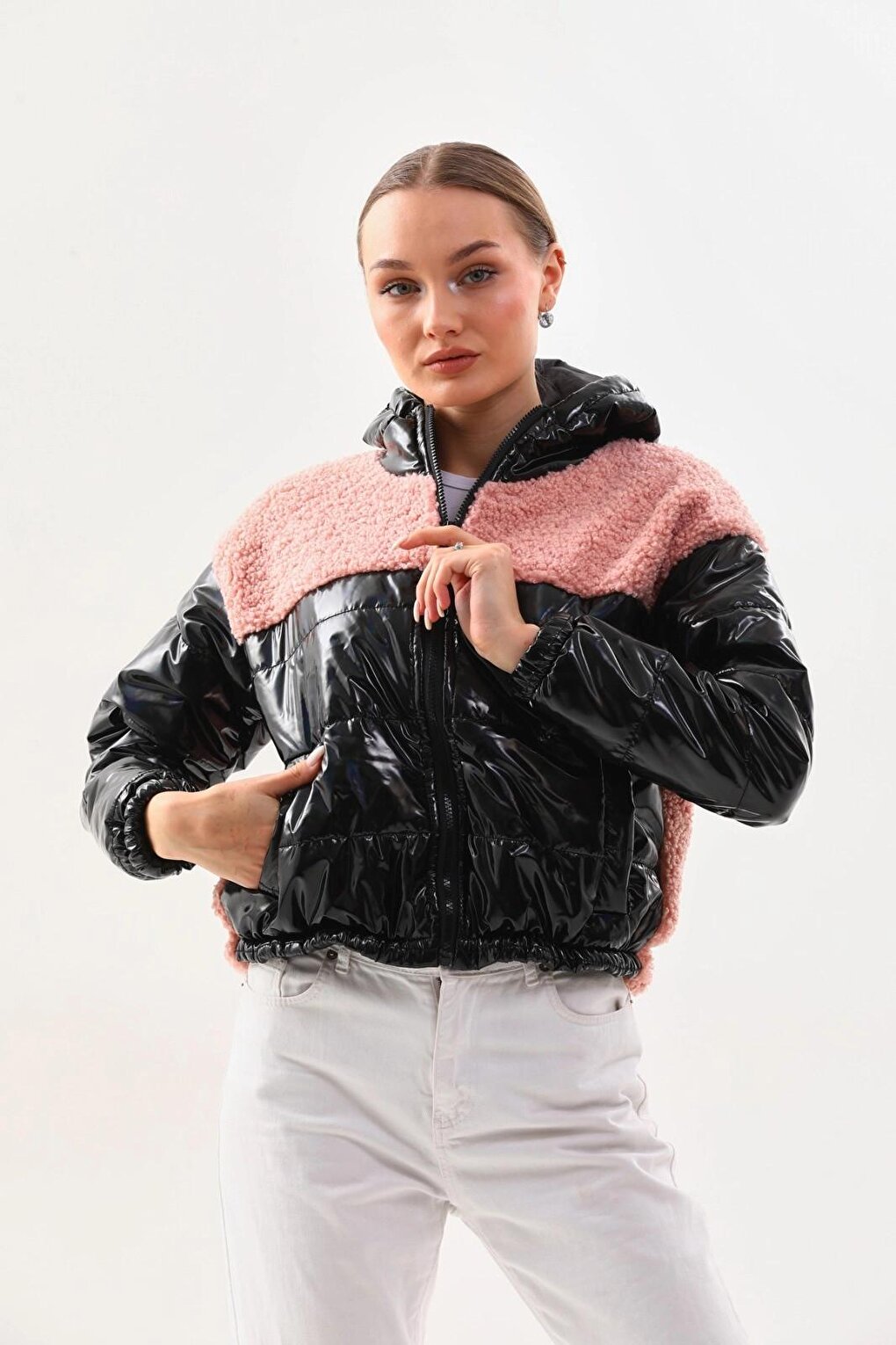 Women's Pink Black Patent Leather Zippered Inside Lined Crop Plush Jacket with Elastic Waist HZL24W-BRC129361