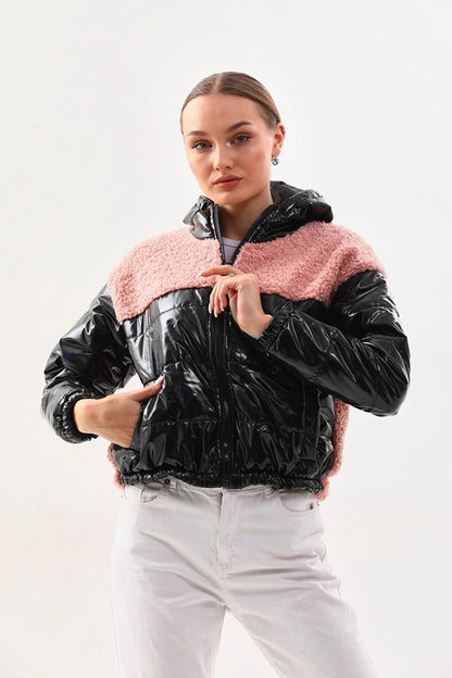 Women's Pink Black Patent Leather Zippered Inside Lined Crop Plush Jacket with Elastic Waist HZL24W-BRC129361