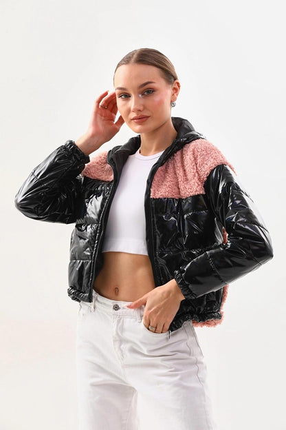 Women's Pink Black Patent Leather Zippered Inside Lined Crop Plush Jacket with Elastic Waist HZL24W-BRC129361