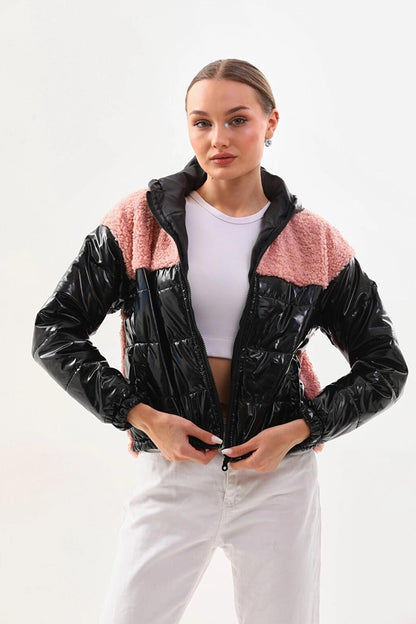 Women's Pink Black Patent Leather Zippered Inside Lined Crop Plush Jacket with Elastic Waist HZL24W-BRC129361