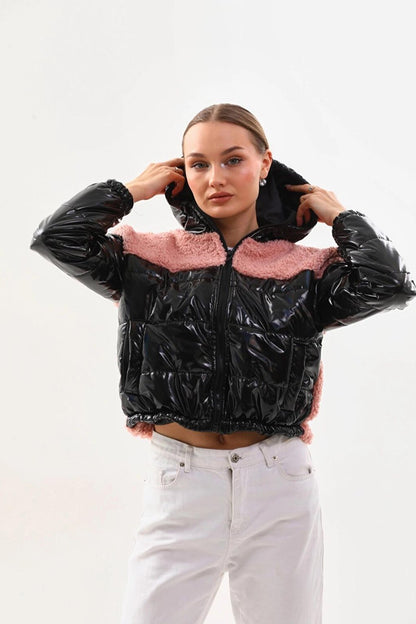 Women's Pink Black Patent Leather Zippered Inside Lined Crop Plush Jacket with Elastic Waist HZL24W-BRC129361