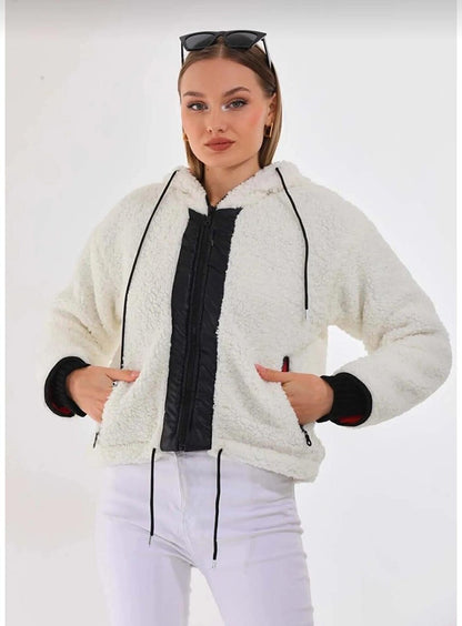 Women's White Double Pocket Zippered Inside Satin Lined Comfortable Faux Fur Plush Jacket HZL24W-BD129391