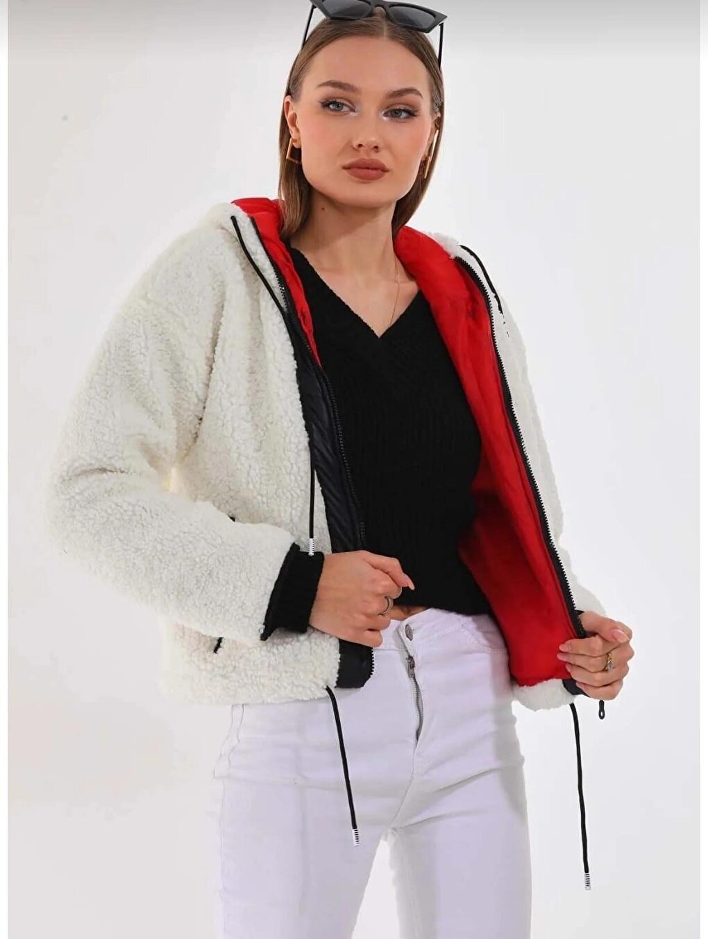 Women's White Double Pocket Zippered Inside Satin Lined Comfortable Faux Fur Plush Jacket HZL24W-BD129391