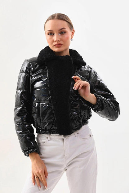 Women's Black Patent Leather Side Lined, Elastic Waist Crop Plush Detailed Jacket HZL24W-BRC129381