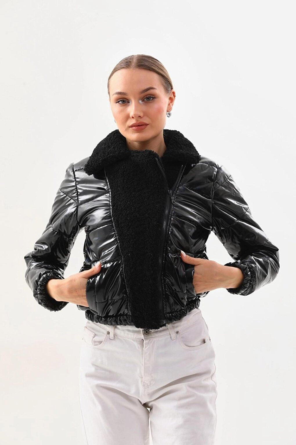 Women's Black Patent Leather Side Lined, Elastic Waist Crop Plush Detailed Jacket HZL24W-BRC129381