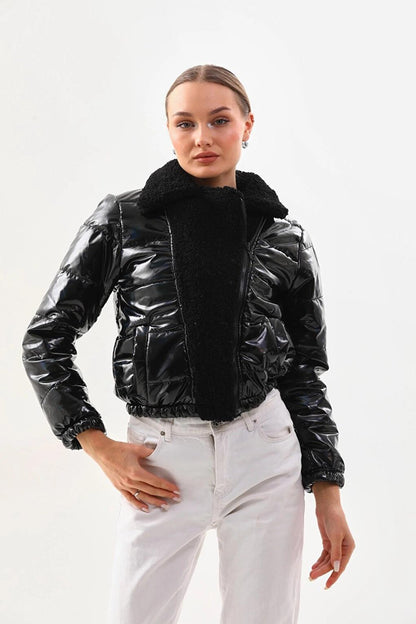 Women's Black Patent Leather Side Lined, Elastic Waist Crop Plush Detailed Jacket HZL24W-BRC129381