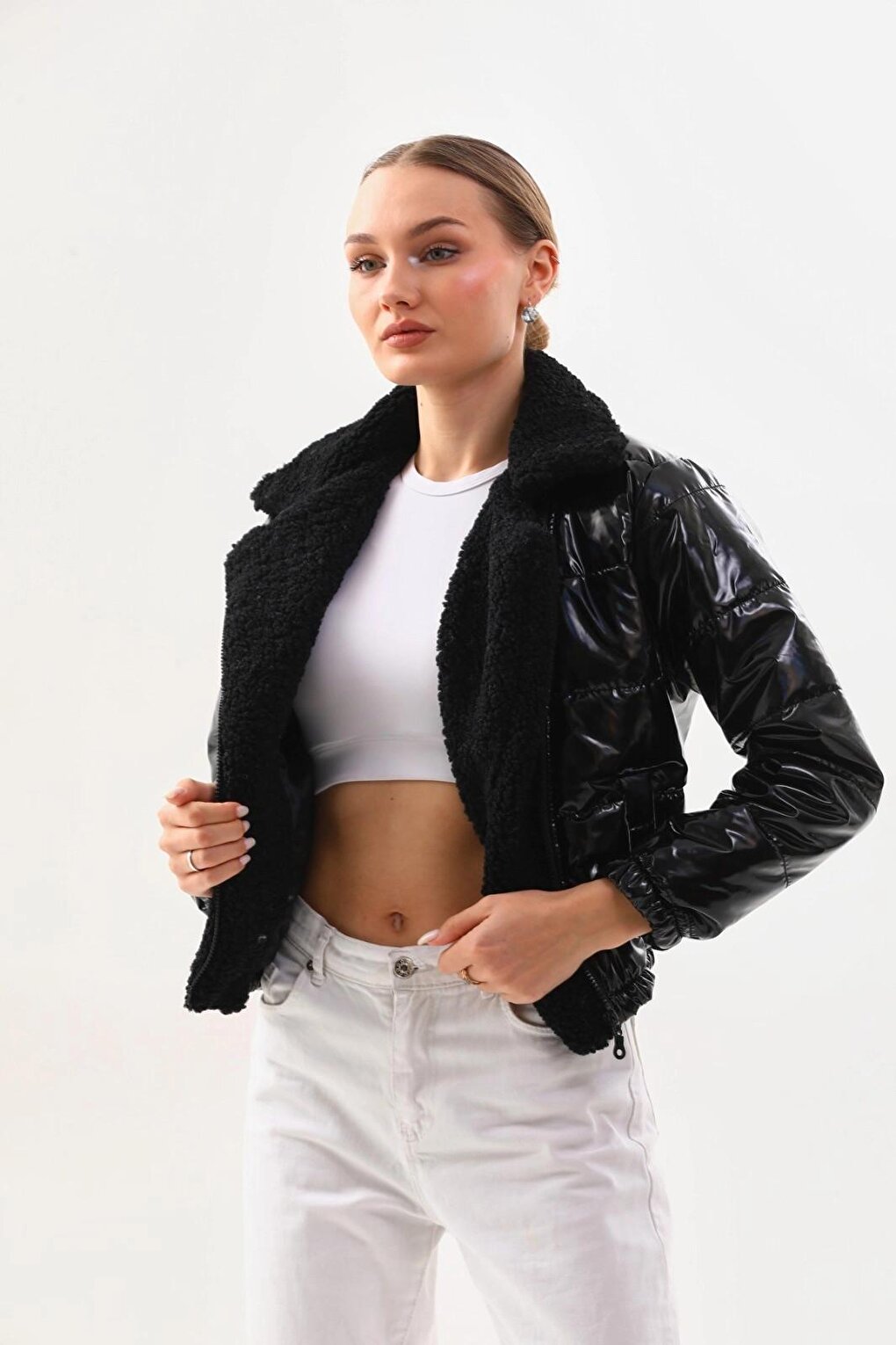 Women's Black Patent Leather Side Lined, Elastic Waist Crop Plush Detailed Jacket HZL24W-BRC129381