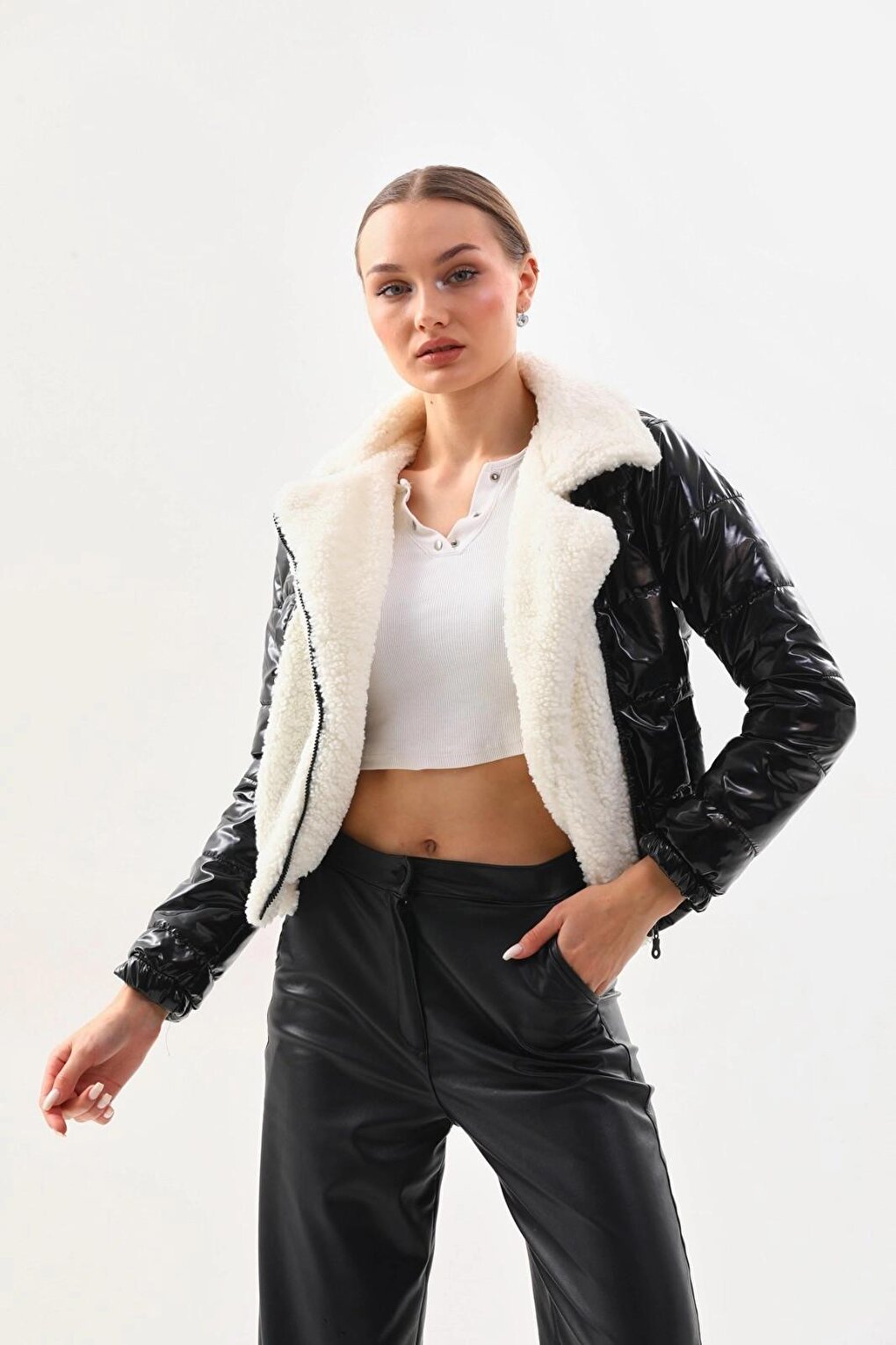 Women's White Black Patent Leather Side Lined, Elastic Waist Crop Plush Detailed Jacket HZL24W-BRC129381