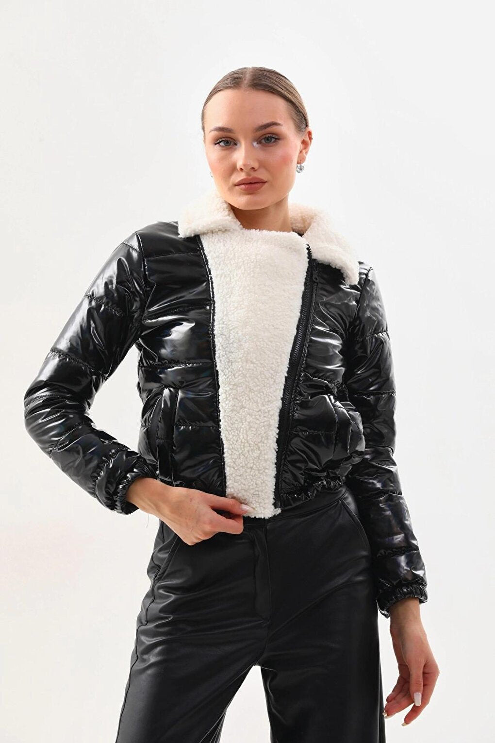 Women's White Black Patent Leather Side Lined, Elastic Waist Crop Plush Detailed Jacket HZL24W-BRC129381