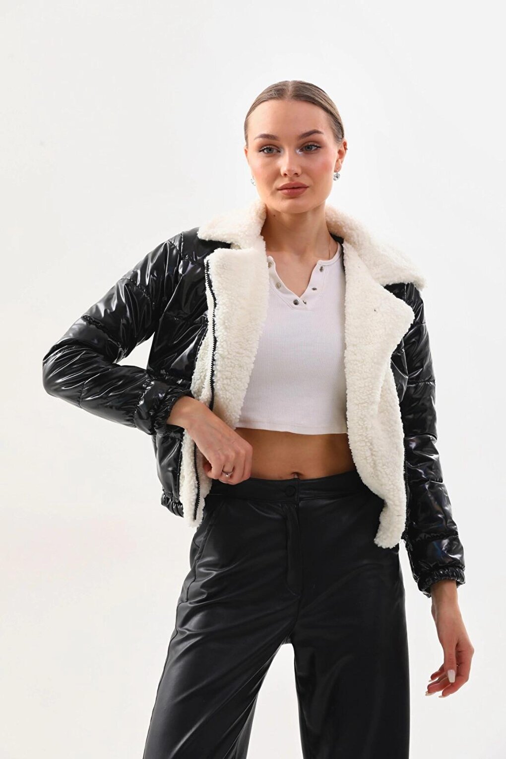 Women's White Black Patent Leather Side Lined, Elastic Waist Crop Plush Detailed Jacket HZL24W-BRC129381