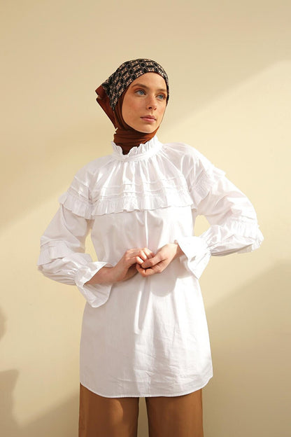 White 100% Cotton Ruffle Detailed Oversize Tunic