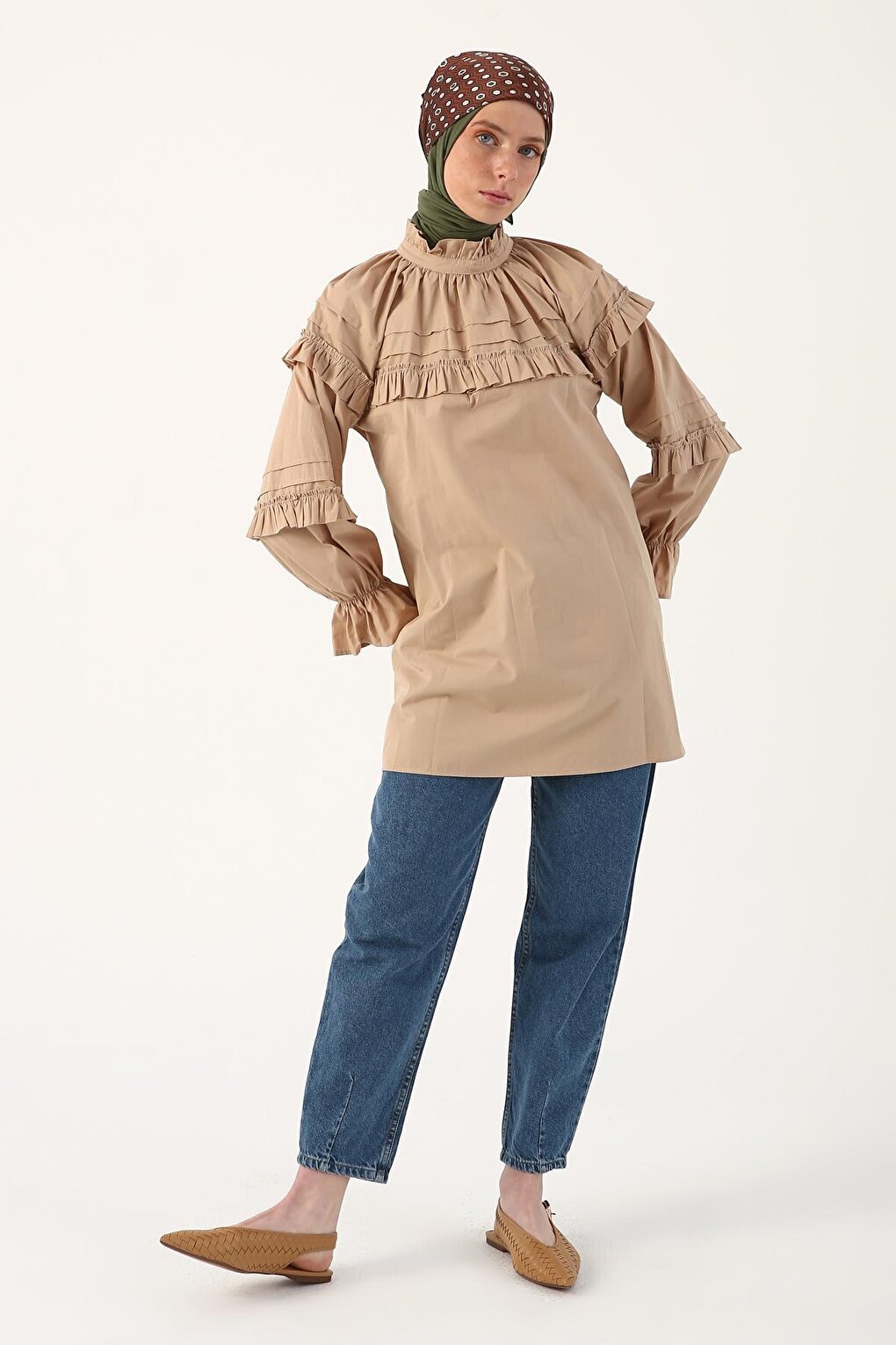 Camel 100% Cotton Ruffle Detailed Oversize Tunic