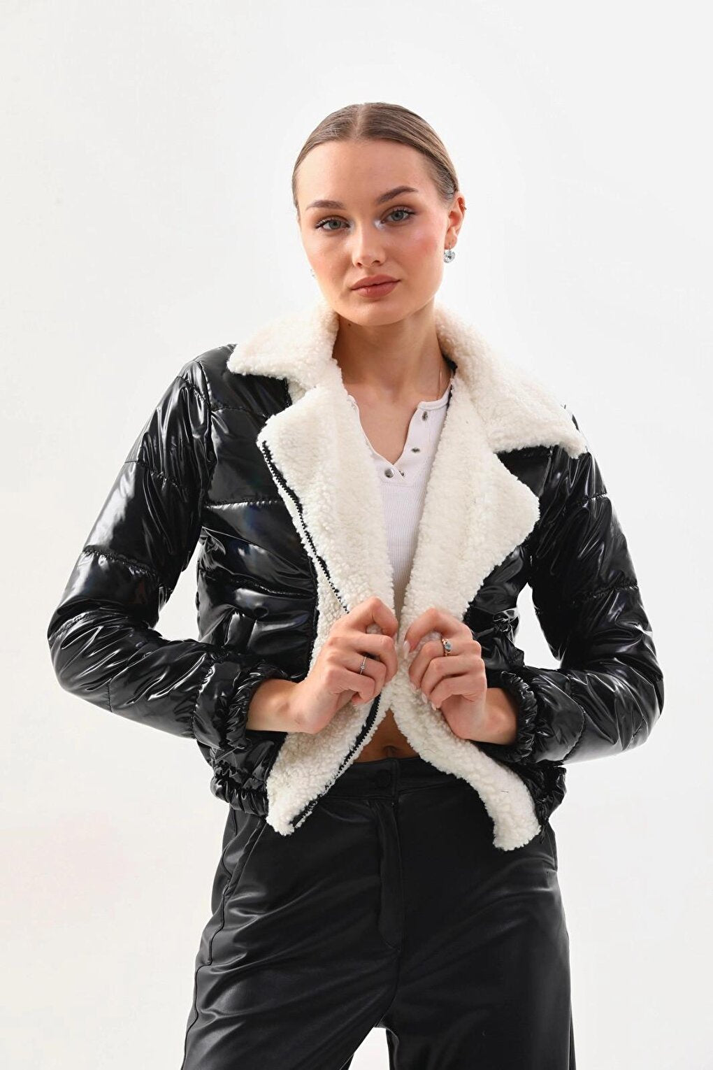 Women's White Black Patent Leather Side Lined, Elastic Waist Crop Plush Detailed Jacket HZL24W-BRC129381