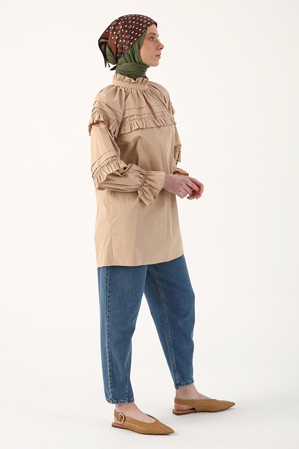 Camel 100% Cotton Ruffle Detailed Oversize Tunic