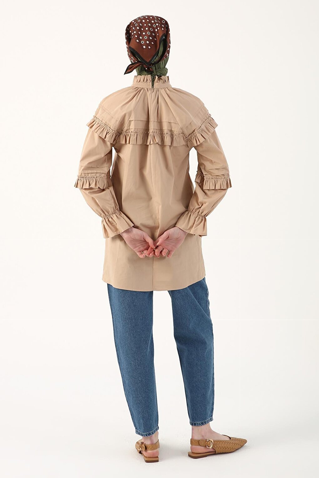 Camel 100% Cotton Ruffle Detailed Oversize Tunic