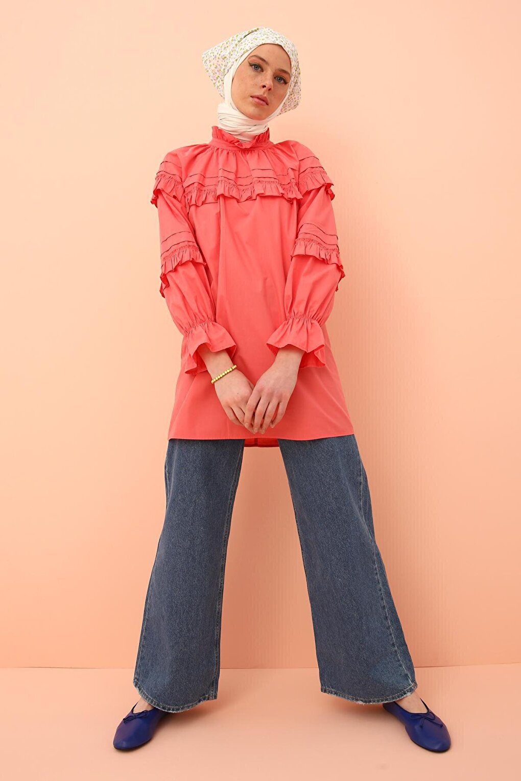 Pink 100% Cotton Ruffle Detailed Oversize Tunic