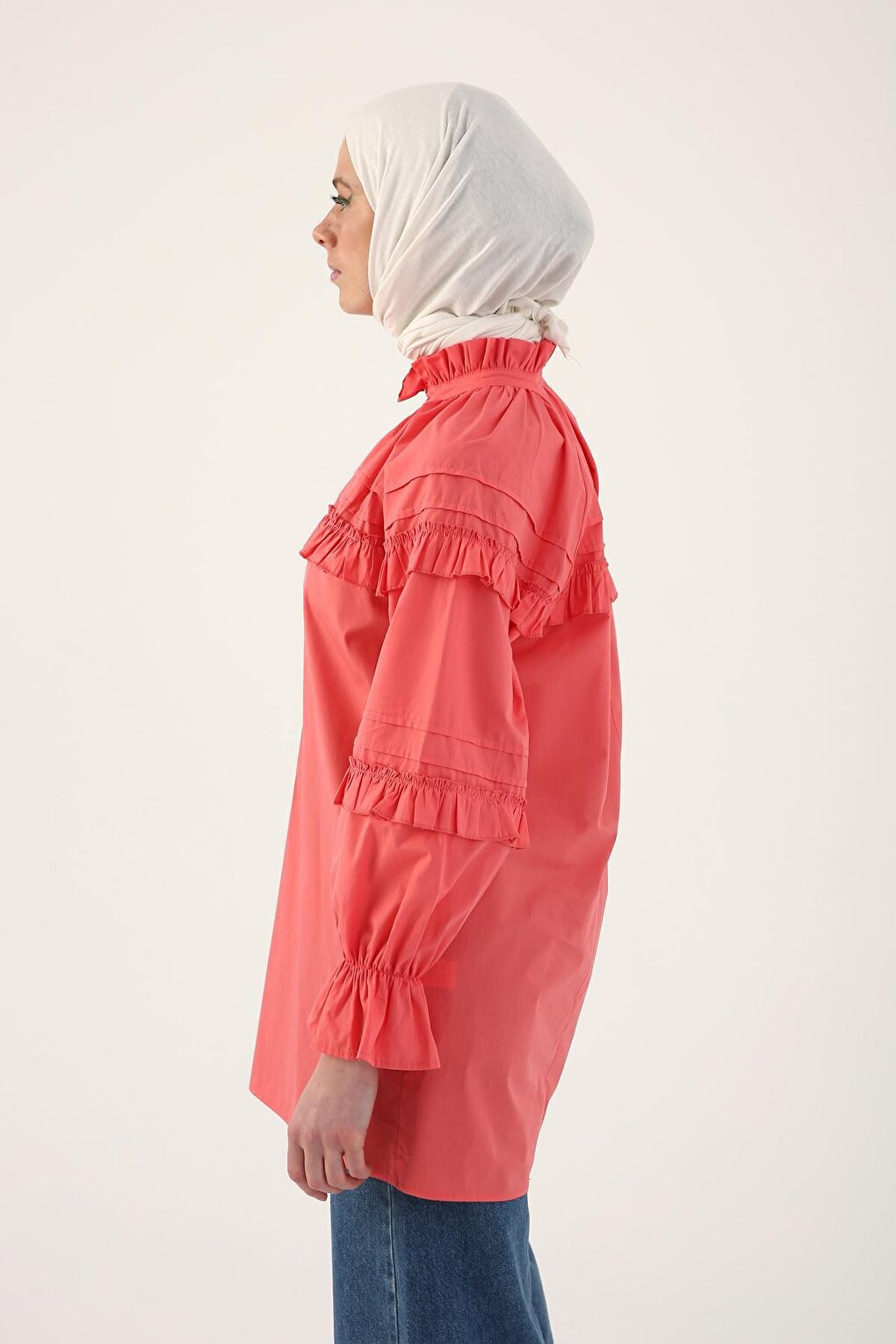 Pink 100% Cotton Ruffle Detailed Oversize Tunic