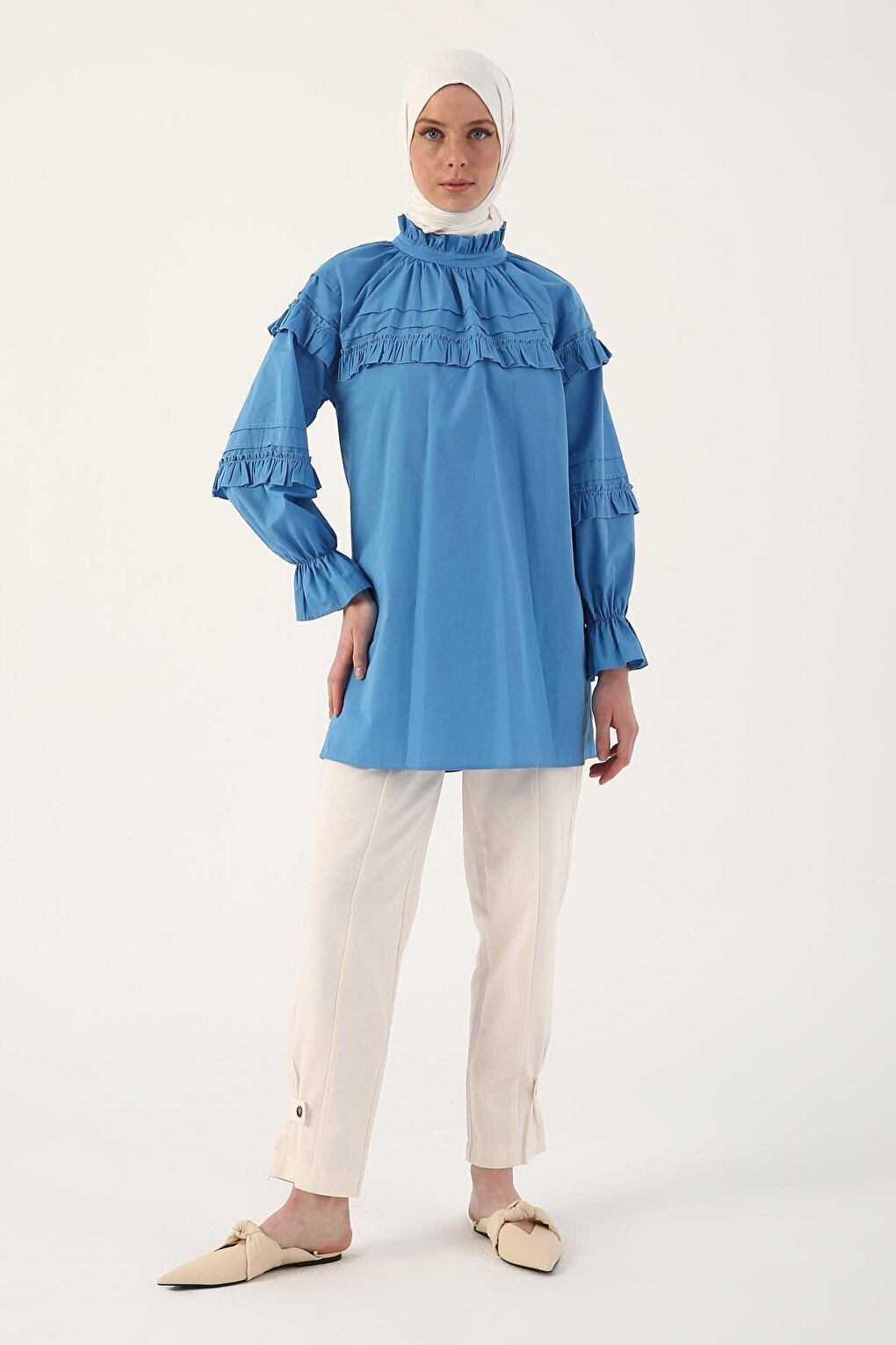 Blue 100% Cotton Ruffle Detailed Oversize Tunic