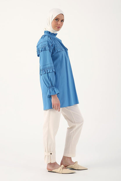 Blue 100% Cotton Ruffle Detailed Oversize Tunic