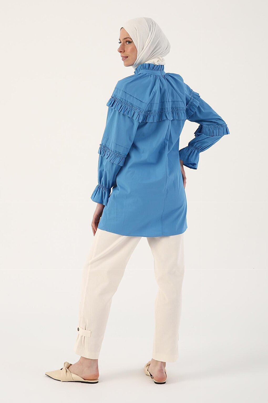 Blue 100% Cotton Ruffle Detailed Oversize Tunic