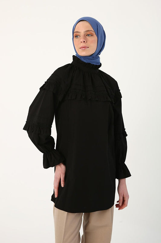 Black 100% Cotton Ruffle Detailed Oversize Tunic