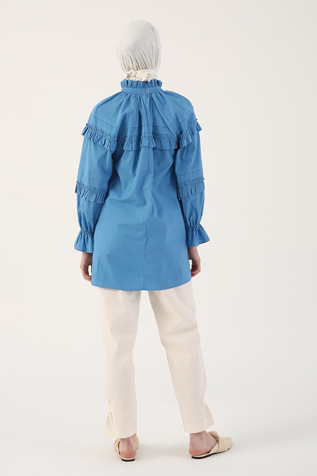 Blue 100% Cotton Ruffle Detailed Oversize Tunic