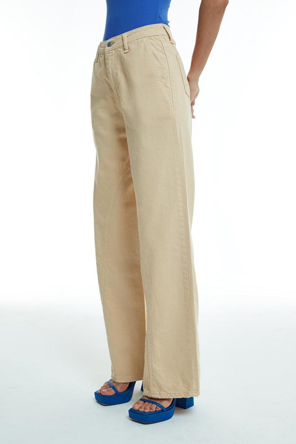 Wide Leg High Waist Jean Trousers Beige