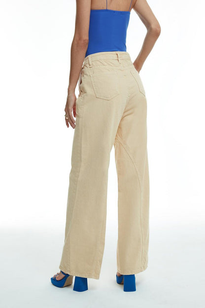 Wide Leg High Waist Jean Trousers Beige