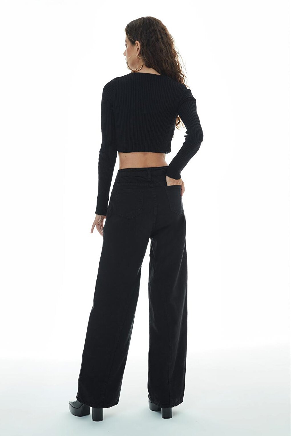 Wide Leg High Waist Jean Trousers Black