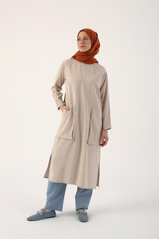 Light Beige Pocketed Viscose Long Tunic