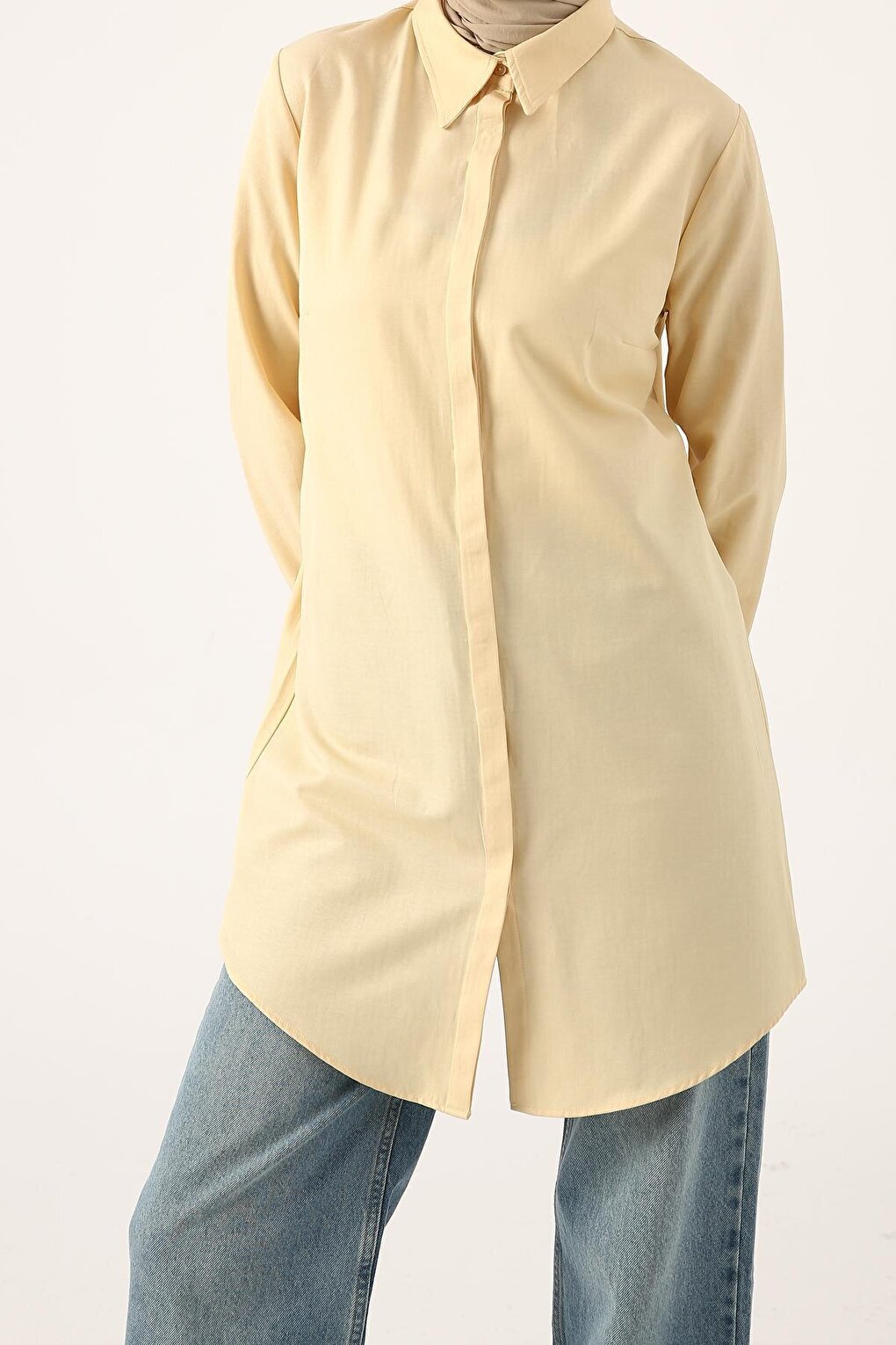 Light Yellow01 Basic Hidden Placket Shirt Tunic