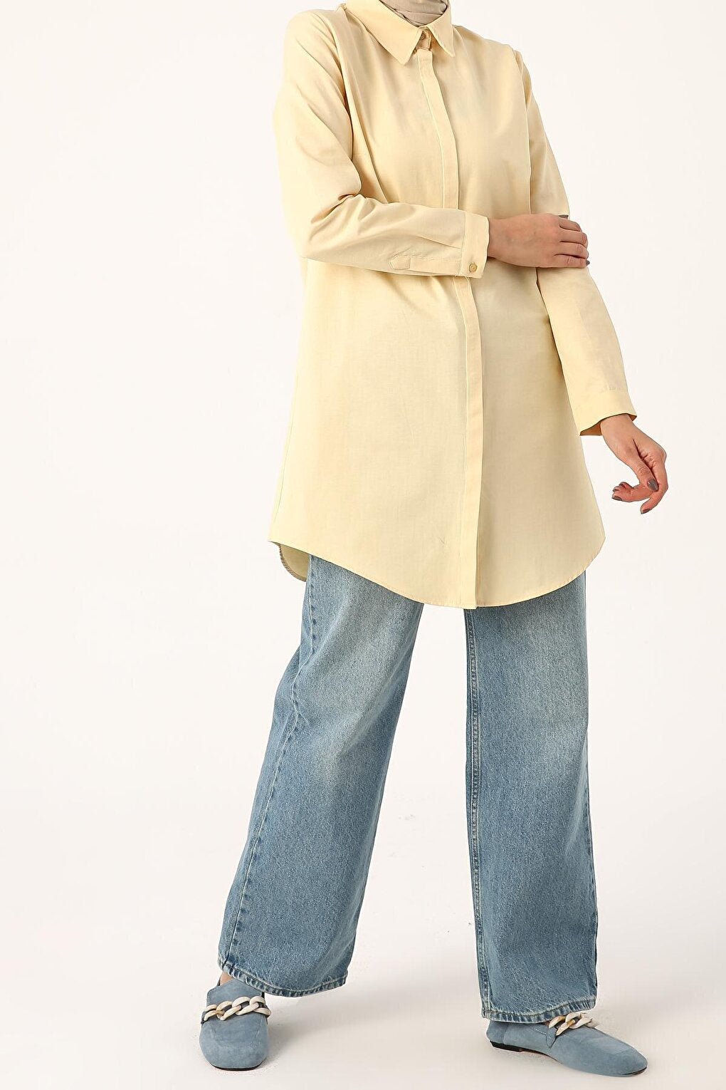 Light Yellow01 Basic Hidden Placket Shirt Tunic