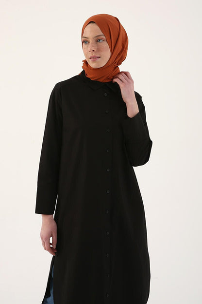 Black 100% Cotton Slit Long Shirt Tunic