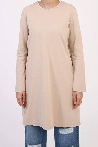 Beige Large Size Single Jersey Basic Sweat Tunic