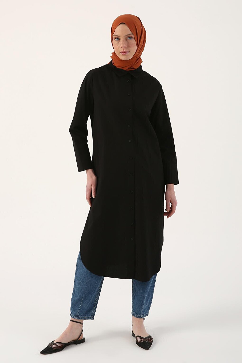 Black 100% Cotton Slit Long Shirt Tunic