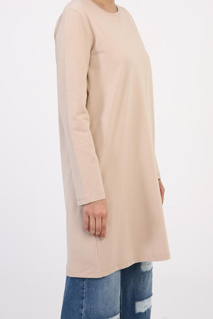 Beige Large Size Single Jersey Basic Sweat Tunic