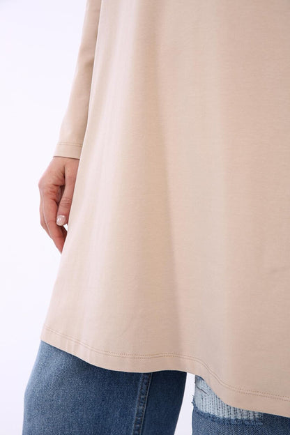 Beige Large Size Single Jersey Basic Sweat Tunic